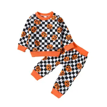 Осенний комплект одежды для маленьких девочек на Хэллоуин, футболка с длинными рукавами и рисунком в клетку, топы и брюки в клетку для 0-3 лет - Изображение 1  