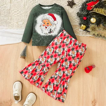 Рождественские наряды для маленькой девочки из 2 предметов, топы с принтом Санты с длинным рукавом, брюки в шахматном порядке, Комплект одежды для малышей - Изображение 2  
