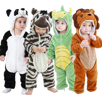 Детский комбинезон Кигуруми с пандой, зеброй, динозавром, львом Для мальчиков и девочек, зимняя флисовая цельная одежда для малышей, комбинезоны для малышей от 1 до 2 лет - Изображение 1  