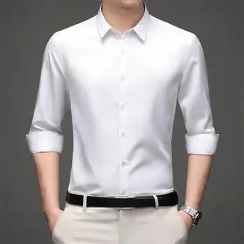 Шелковистая дышащая мужская официальная деловая рубашка с отворотом от морщин, приталенный крой, длинные рукава, однотонная элегантность для осени - Изображение 1  