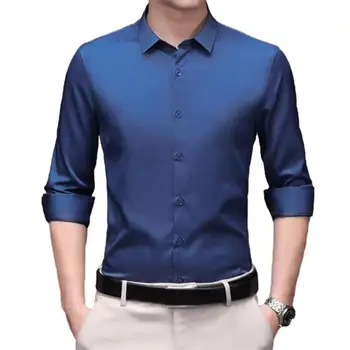 Шелковистая дышащая мужская официальная деловая рубашка с отворотом от морщин, приталенный крой, длинные рукава, однотонная элегантность для осени - Изображение 2  