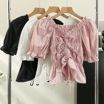 Летние женские топы 2023 года, французская Деревянная рубашка с V-образным вырезом, плиссированная рубашка с коротким рукавом, Модный Приталенный Короткий топ, женская блузка - Изображение 1  