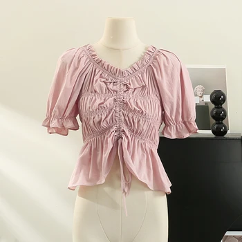 Летние женские топы 2023 года, французская Деревянная рубашка с V-образным вырезом, плиссированная рубашка с коротким рукавом, Модный Приталенный Короткий топ, женская блузка - Изображение 2  
