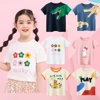 Одежда для девочек, футболки для маленьких девочек и мальчиков, летняя хлопчатобумажная футболка с коротким рукавом для младенцев, футболка с мультяшным цветочным принтом, детская футболка - Изображение 1  