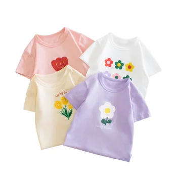 Одежда для девочек, футболки для маленьких девочек и мальчиков, летняя хлопчатобумажная футболка с коротким рукавом для младенцев, футболка с мультяшным цветочным принтом, детская футболка - Изображение 2  