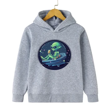 Забавная толстовка с инопланетным НЛО с длинным рукавом, Детские Весенне-осенние свитшоты для мальчиков, одежда с инопланетным рисунком для девочек, Уличная одежда Harajuku - Изображение 1  