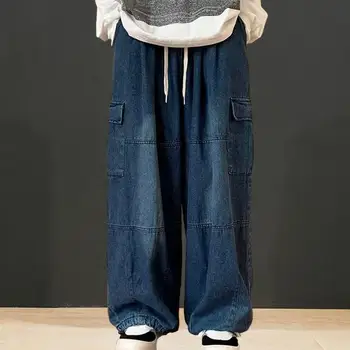 Негабаритные брюки-карго с множеством карманов, эластичный пояс, завязки, однотонные мешковатые джинсовые брюки, широкие брюки - Изображение 2  