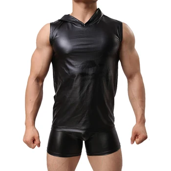Мужская жилетка без рукавов с капюшоном из искусственной кожи, топы для тренировок для похудения в сауне, сексуальная клубная одежда для сцены, гей-обтягивающие футболки - Изображение 1  