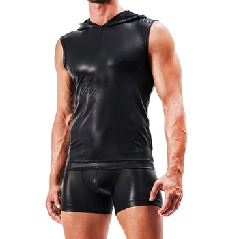 Мужская жилетка без рукавов с капюшоном из искусственной кожи, топы для тренировок для похудения в сауне, сексуальная клубная одежда для сцены, гей-обтягивающие футболки - Изображение 2  