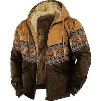 Мужские толстовки на молнии с рисунком бизона, повседневная зимняя одежда, толстовка с длинным рукавом, повседневная куртка с капюшоном, верхняя одежда - Изображение 1  