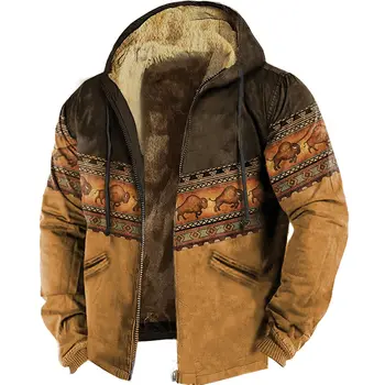 Мужские толстовки на молнии с рисунком бизона, повседневная зимняя одежда, толстовка с длинным рукавом, повседневная куртка с капюшоном, верхняя одежда - Изображение 2  