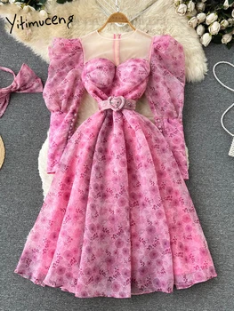 Женское платье Миди с цветочным узором Yitimuceng 2023, новые осенние платья с поясом в виде сердца в стиле пэчворк, с пышными рукавами и круглым вырезом, Элегантное шикарное платье - Изображение 1  