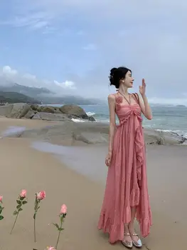 Лето 2023, Розовая роза, нерегулярный праздничный вечер, пляжное платье для женщин, сексуальные клубные оборки, бандаж с открытой спиной, сарафан на бретелях - Изображение 1  