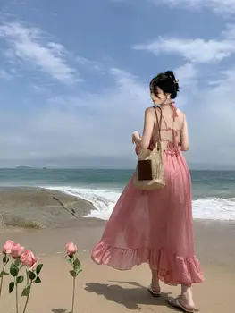 Лето 2023, Розовая роза, нерегулярный праздничный вечер, пляжное платье для женщин, сексуальные клубные оборки, бандаж с открытой спиной, сарафан на бретелях - Изображение 2  